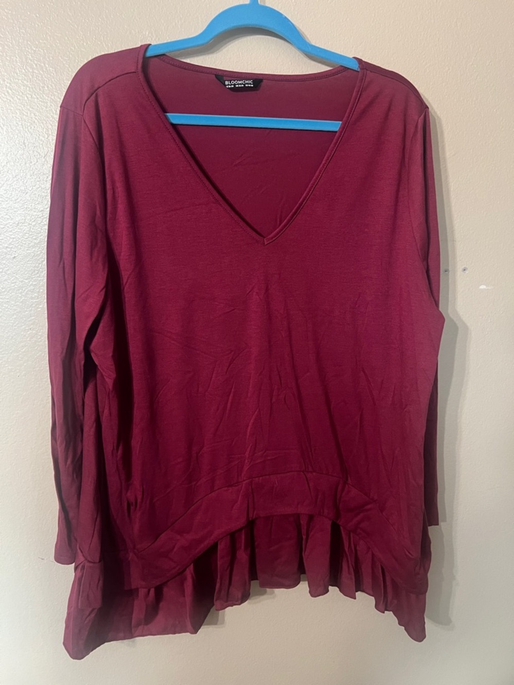 BloomChic V-Neck Long Sleeve Top in Burgundy